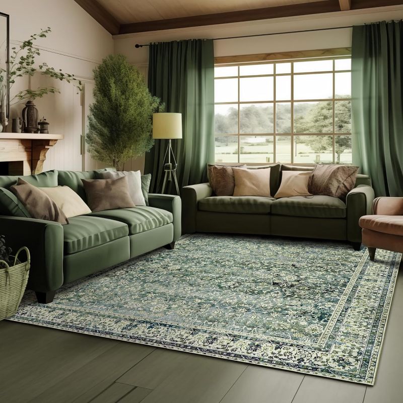 Photo 1 of 6x9 Area Rugs Washable Rugs for Bedroom,Faux Wool Moody Floral Boho Vintage Oriental Indoor Carpet for Living Room,Hunter Forest Green