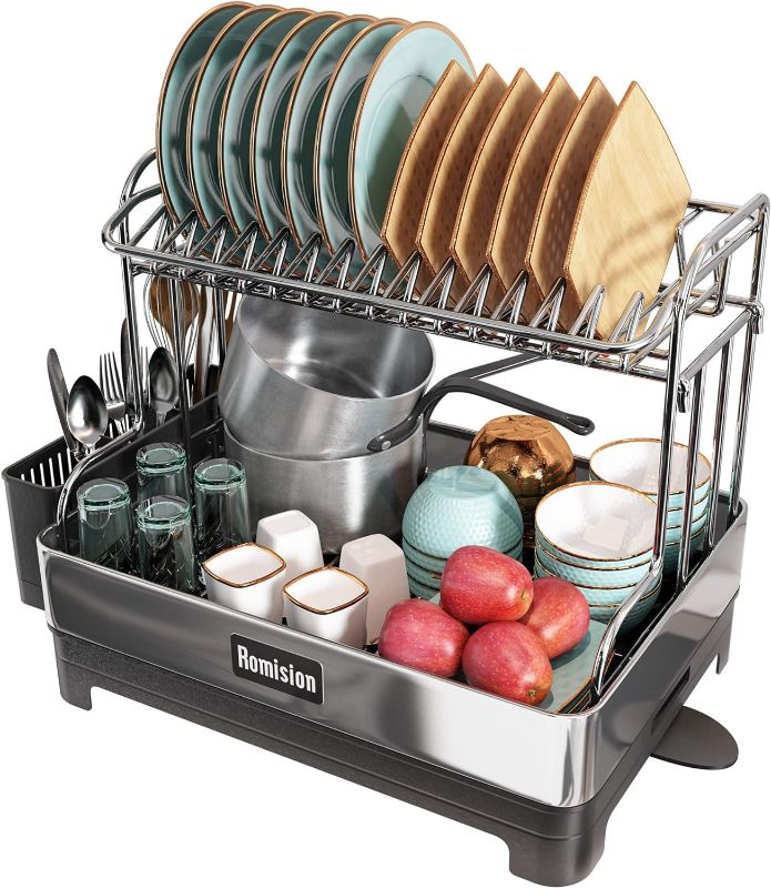 Photo 1 of romision Dish Drying Rack, 304 Stainless Steel 2 Tier Large Dish Rack and Drainboard Set with Swivel Spout Drainage, Full Size Dish Drainer with Utensil Holder for Kitchen Counter of Big Family