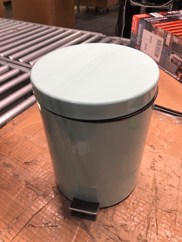 Photo 1 of mDesign Small Modern 1.3 Gallon Round Metal Lidded Step Trash Can, Compact Garbage Bin with Removable Liner Bucket and Handle for Bathroom, Kitchen, Craft Room, Office, Garage - Mint Green, 5 liter Mint Green 5 liter