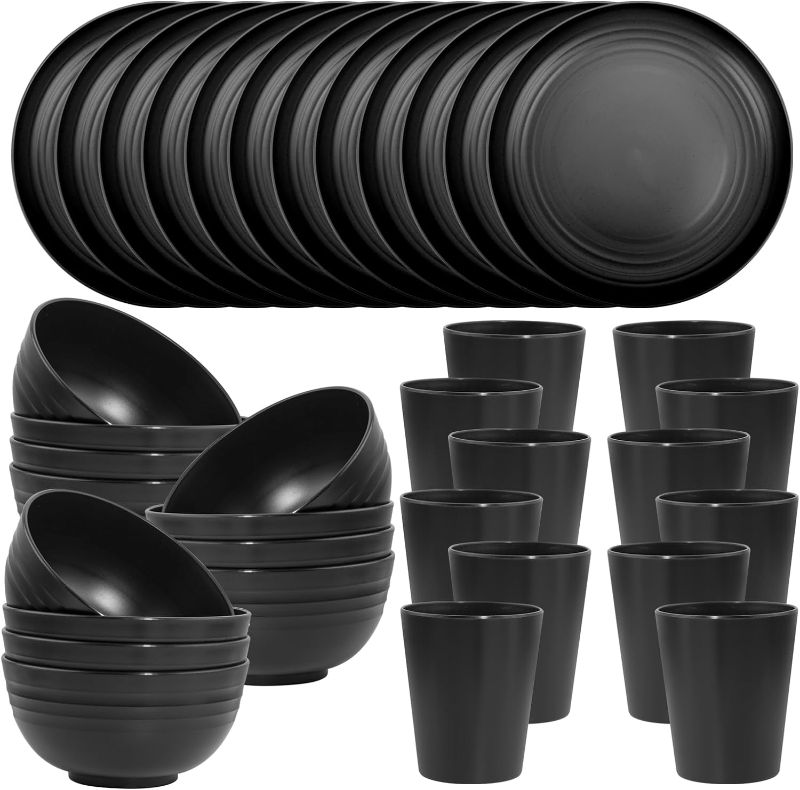 Photo 1 of 36pcs Black Wheat Straw Dinnerware set of 12,Plates and Bowls Set, Plastic Plates Reusable, Black Dishwasher and Microwave Safe, Unbreakable Dinnerware, Black Plates, Camping Plates (Black)