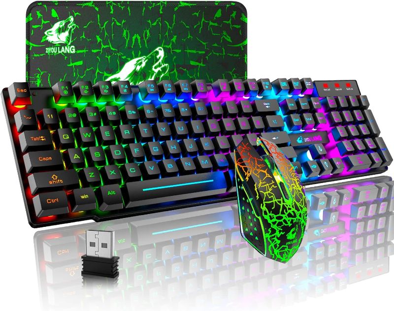 Photo 1 of Wireless Gaming Keyboard and Mouse Combo Rainbow Backlight Quiet Ergonomic Mechanical Feeling Anti-ghosting Keyboard Mouse with Rechargeable 4000mAh Battery Mouse Pad for Computer Mac Gamer