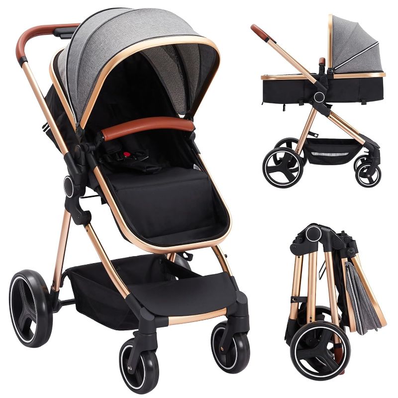 Photo 1 of Convertible Baby Stroller, Foldable Pushchair, Newborn Reversible Bassinet Pram with Adjustable Canopy, Aluminum Structure, 5-Point Harness for Infant & Toddler