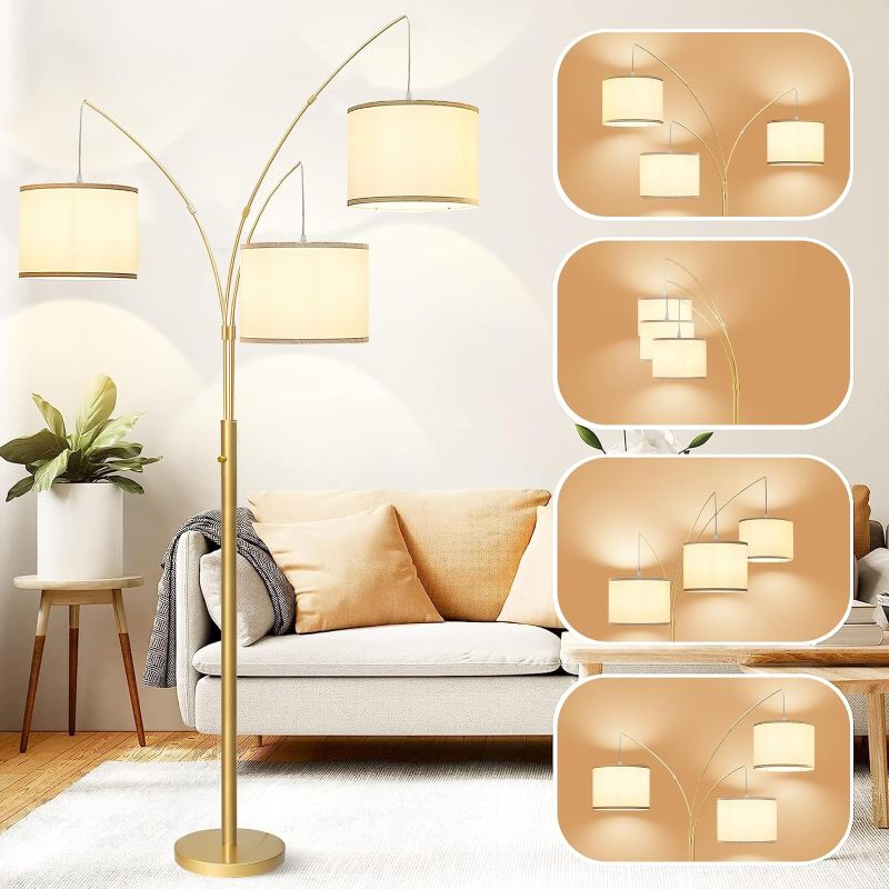 Photo 1 of 3 Lights Arc Floor Lamps for Living Room,Gold Modern Tall Standing Lamp Hanging Over The Couch with Shades & Heavy Base,Mid Century Black Tree Floor Lamp for Bedroom Office