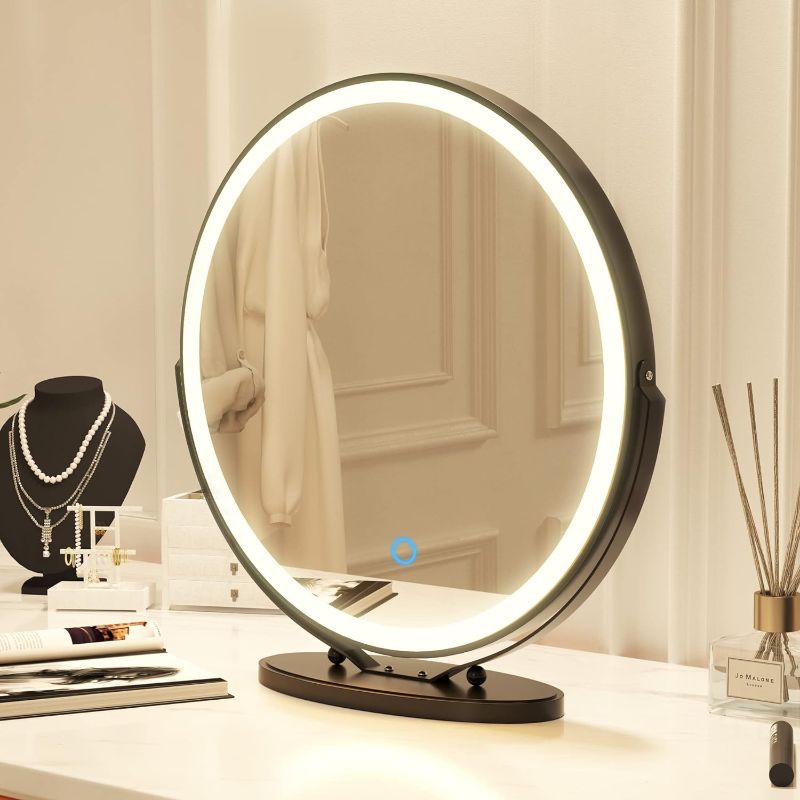 Photo 1 of 20 inch Vanity Mirror with Lights, Round LED Makeup Mirror, Large Makeup Mirror with Lights, High Definition Lighted Up Mirror for Bedroom, Touch Control 3 Color Dimmable, 360° Rotation, Black