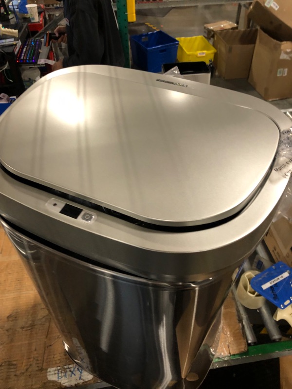 Photo 4 of **MAJOR DENT//NON FUNCTOINAL** Ninestars DZT-80-35 Automatic Touchless Infrared Motion Sensor Trash Can, 21 Gal 80L, Heavy Duty Stainless Steel Base (Oval, Silver/Brush Lid) Trashcan, SS