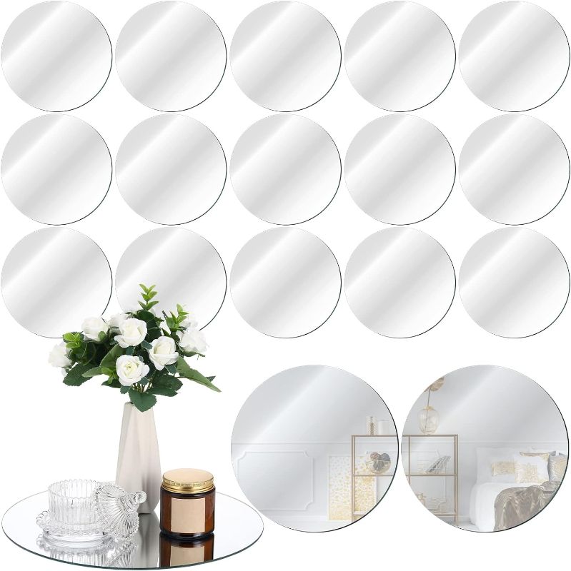 Photo 1 of 18 Pcs Round Mirror Candle Plate Set Round Mirrors Trays Circle Mirror Centerpieces for Tables Mirror Plate Party Mirror Tiles for Wedding Decor Crafts Baby Shower Christmas Decorations (10 Inch)