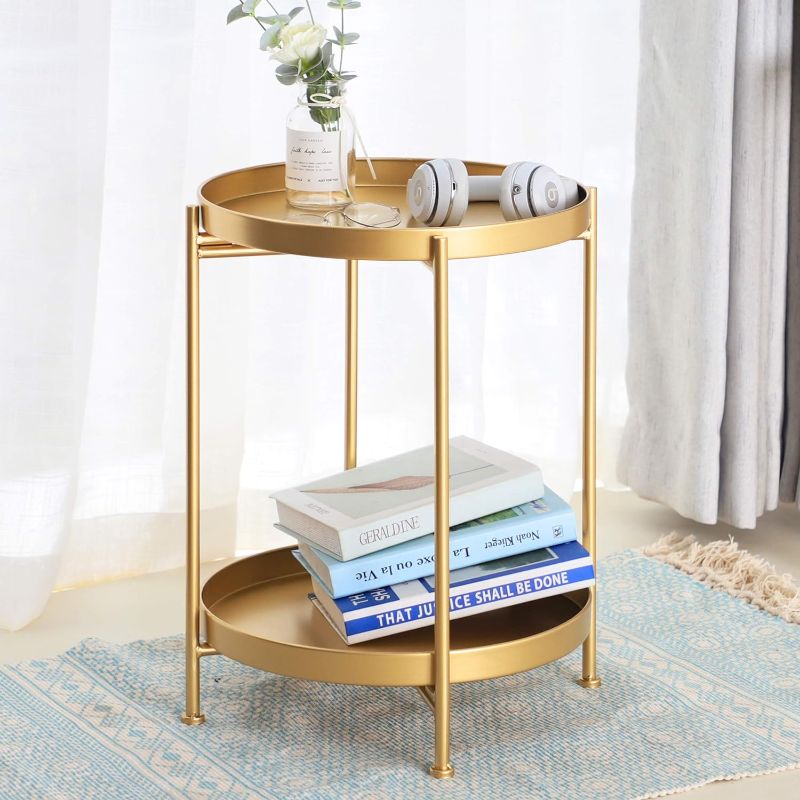 Photo 1 of 2-Tier Metal End Table,Small Round Side Tables,Waterproof Outdoor Indoor Nightstand with Removable Tray,Coffee Table for Living Room Balcony Party Office (Gold) NO INSTRUCTONS
