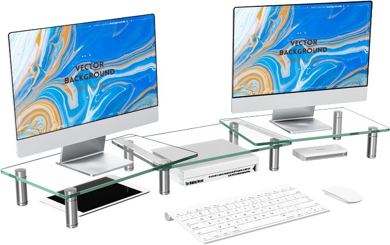 Photo 1 of Dual Glass Monitor Stand Riser, 3-Shelf Tempered Glass Monitor Stand, Clear Monitor Riser for 2 Monitors, Adjustable Length& Angle Computer Monitor Riser for Computer, Laptop, PC