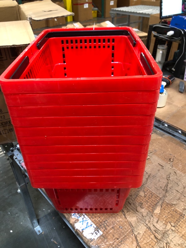 Photo 4 of 12 Pcs Shopping Baskets 20 L Plastic Shopping Baskets with Handles 16.9 * 11.8 * 9.1 Inches Store Baskets Retail Baskets with Handles for Market Grocery Supplies Thrift Convenience Storage (Red)