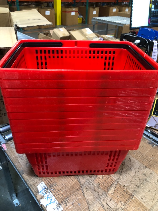 Photo 3 of 12 Pcs Shopping Baskets 20 L Plastic Shopping Baskets with Handles 16.9 * 11.8 * 9.1 Inches Store Baskets Retail Baskets with Handles for Market Grocery Supplies Thrift Convenience Storage (Red)