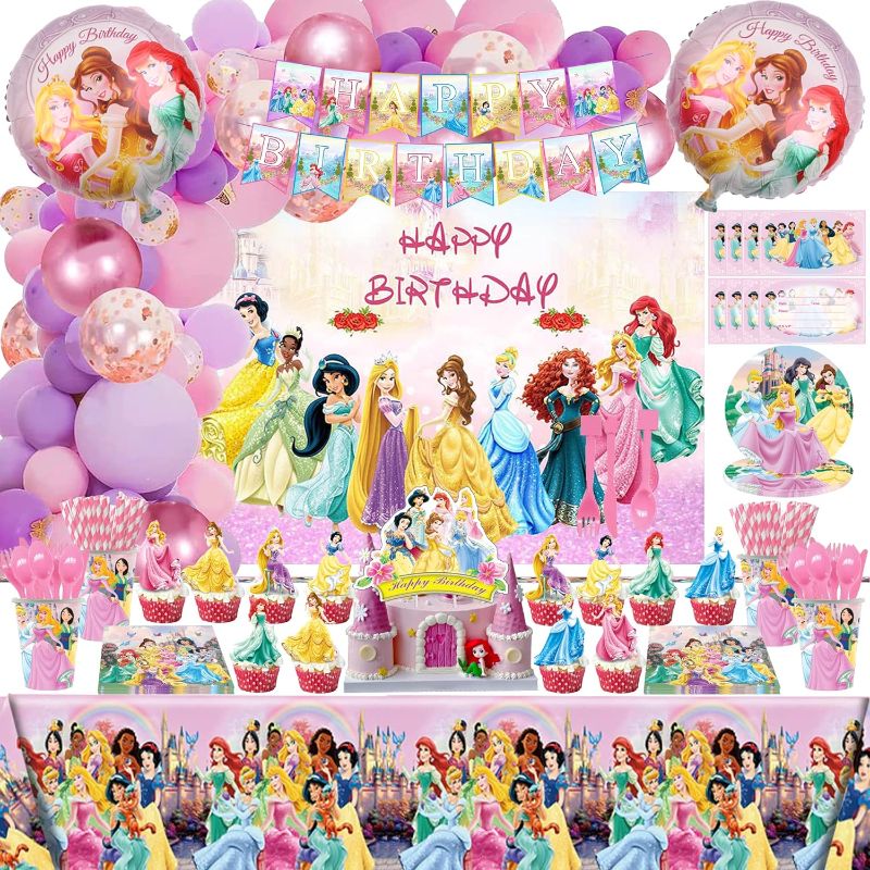 Photo 1 of 265 Pcs Princess Birthday Party Decorations for Girl Kids, Princess Birthday Party Supplies for 10 Guests with Cake Topper, Tableware, Balloons, Invitation Card, Backdrop Stickers