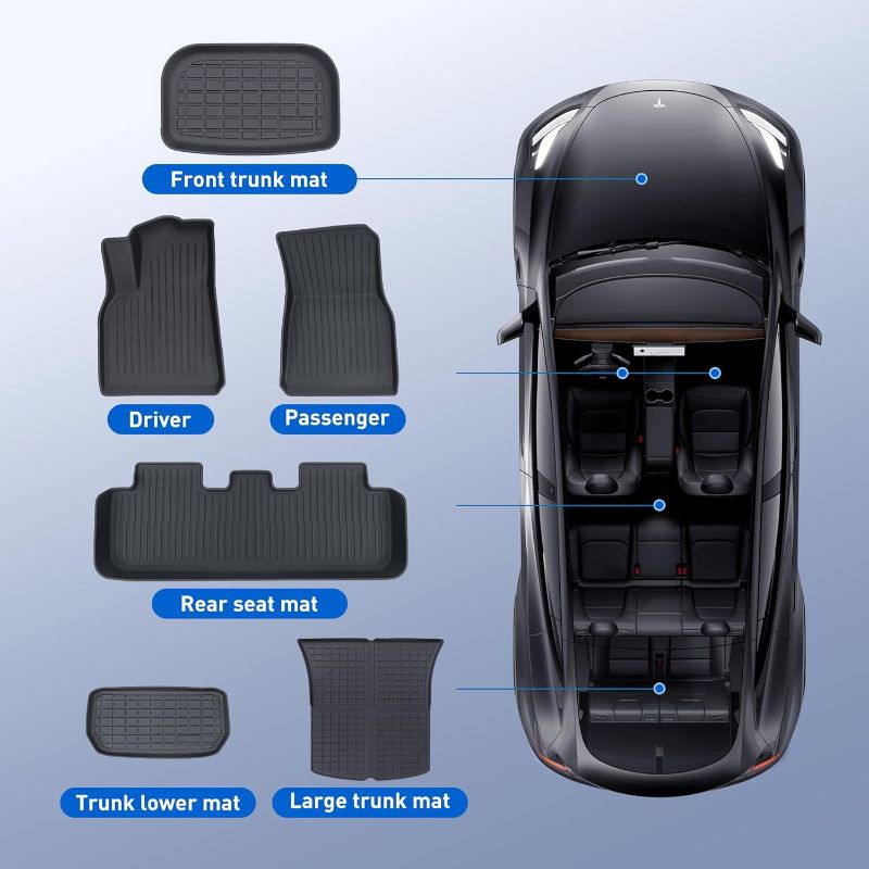 Photo 1 of Maysoo Tesla Model Y Floor Mats, Tesla Model Y 5-Seat 2020-2023 Accessories, All Weather Floor Mat Front Rear Cargo Liner Mat, Heavy Duty Floor Mats (Set of 6) Model Y floor mats (set of 6)