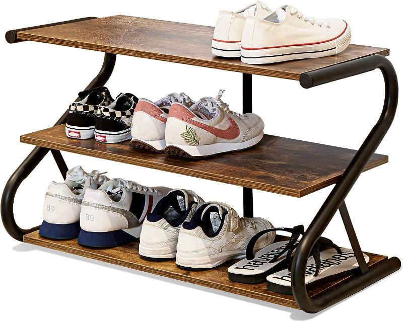 Photo 1 of 3-Tier Shoe Rack, Z-Frame Wooden Shoe Shelf with Durable Metal Shelves for Hallway, Living Room, Closet, Bedroom (Rustic)