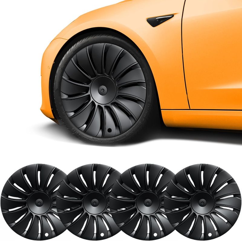 Photo 1 of **MISSING ONE RIM** POSWIS Tesla Model Y Wheel Covers 19 Inch Hubcaps Fit 2019-2023 Tesla Model Y Matte Black Tesla Model Y Rims Wheel Covers Replacement Accessories(4 Pack)