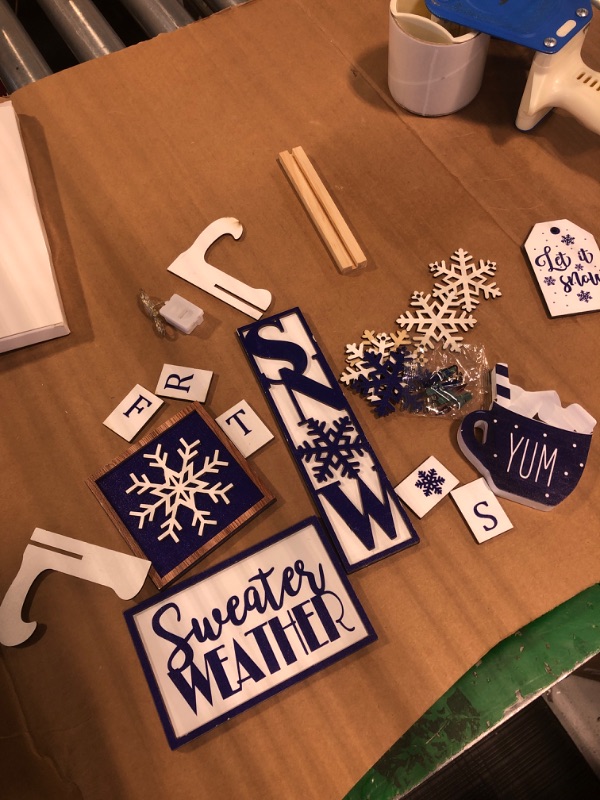 Photo 1 of 12 Pieces Winter Tiered Tray Decor Winter Wonderland Table Wooden Sign Decorations Farmhouse Tabletop Coffee Signs Snowflake Santa Decor for Hello Winter Party Home Kitchen Holiday (Snowflake)