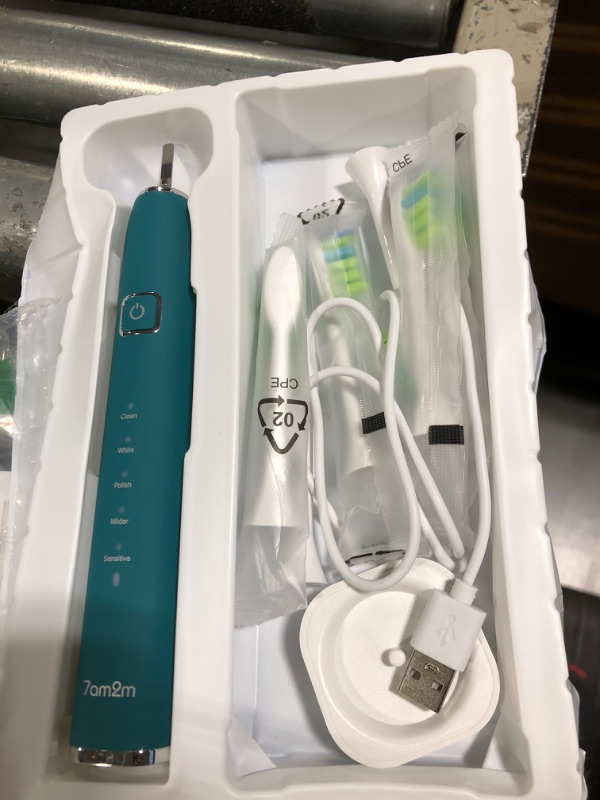 Photo 2 of 7AM2M Sonic Electric Toothbrush with 6 Brush Heads for Adults and Kids, One Charge for 90 Days, Wireless Fast Charge, 5 Modes with 2 Minutes Built in Smart Timer, Electric Toothbrushes(Peacock Green)