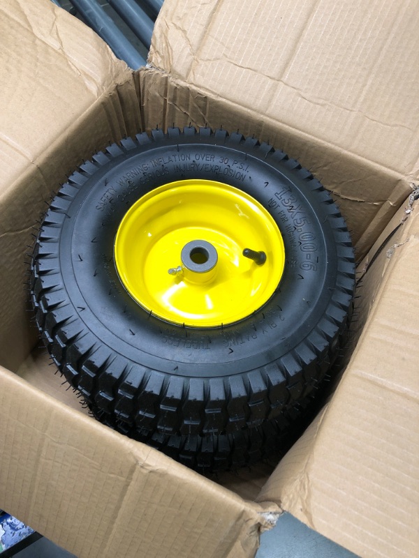 Photo 3 of (2 Pack) AR-PRO Exact Replacement 15" x 6.00 - 6" Front Tire and Wheel Assemblies for John Deere Riding Mowers - Compatible with John Deere 100 and D100 Series - 3” Hub Offset and 3/4” Bushings 15" x 6.00-6" Yellow ***USED*** 