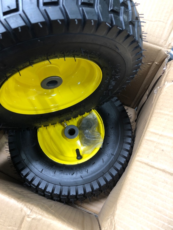 Photo 4 of (2 Pack) AR-PRO Exact Replacement 15" x 6.00 - 6" Front Tire and Wheel Assemblies for John Deere Riding Mowers - Compatible with John Deere 100 and D100 Series - 3” Hub Offset and 3/4” Bushings 15" x 6.00-6" Yellow