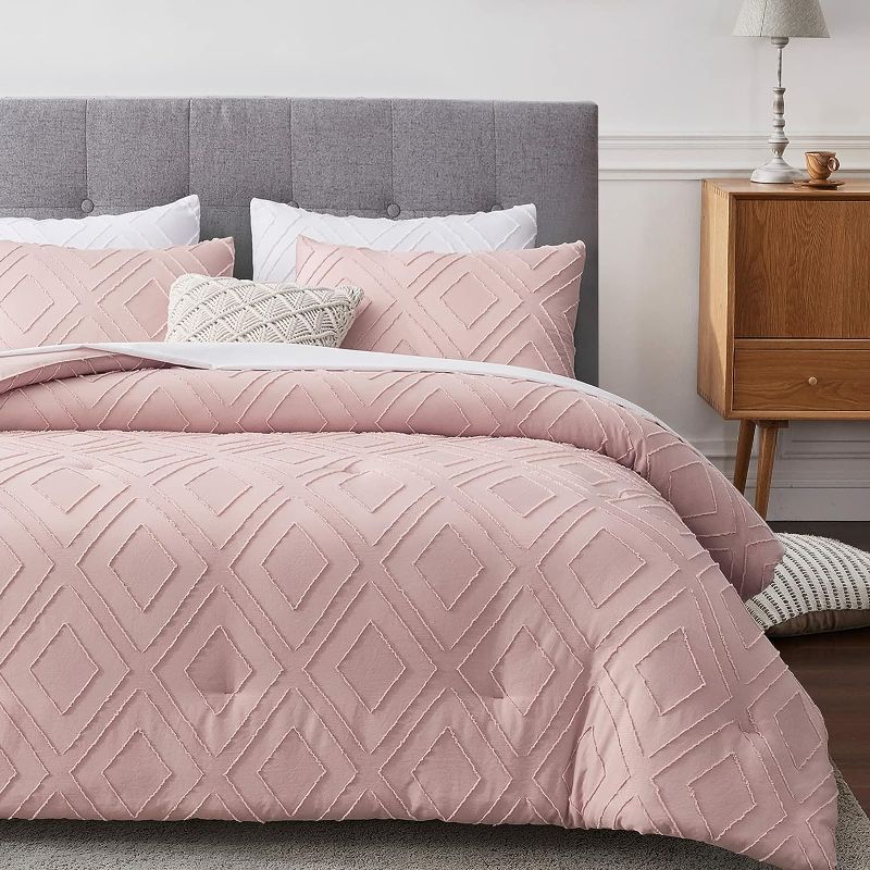 Photo 1 of  TWIN Boho  Comforter Set,Blush Pink Rhombus Tufted TWIN  Size Comforter Set with Corner Loops, PILLOW CASES Comforter Sets for All Seasons(Blush Pink,Queen)