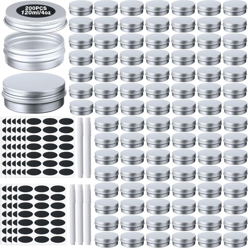 Photo 1 of 200 Pack Metal Tins Aluminum Containers with Lids Screw Top Round Tin Cans for Cosmetic Lip Balm DIY Salves Candles Wax with 5 Markers 10 Sheets Label Stickers (4 oz, Silver)