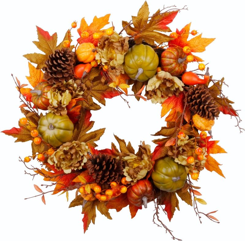 Photo 3 of 20" Fall Wreath for Front Door, Autumn Artificial Wreath with Pumpkin, Pine Cone, Maple Leaves, Berries, Gift Ideal for Halloween Thanksgiving Home Decoration