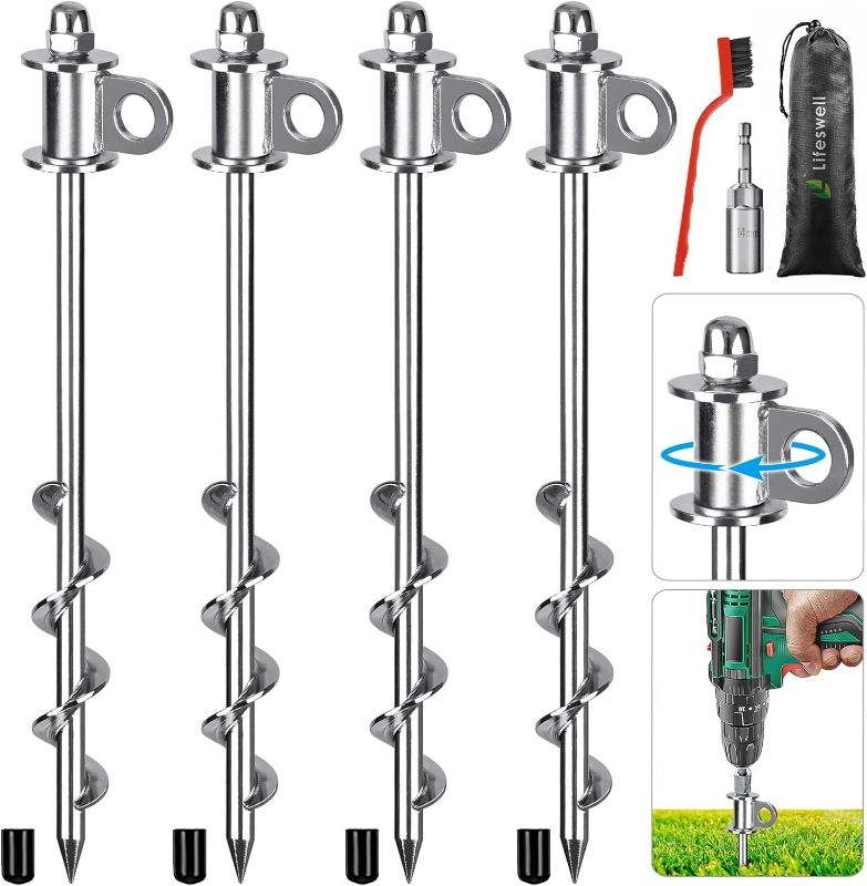Photo 3 of 
4 Pack Tent Stakes, 12 Inch Heavy Duty Ground Anchors, Full Welding, Easy to Screw in and Reusable, for Camping Tents, Trampolines, Sheds, Swing Sets, Securing Animals