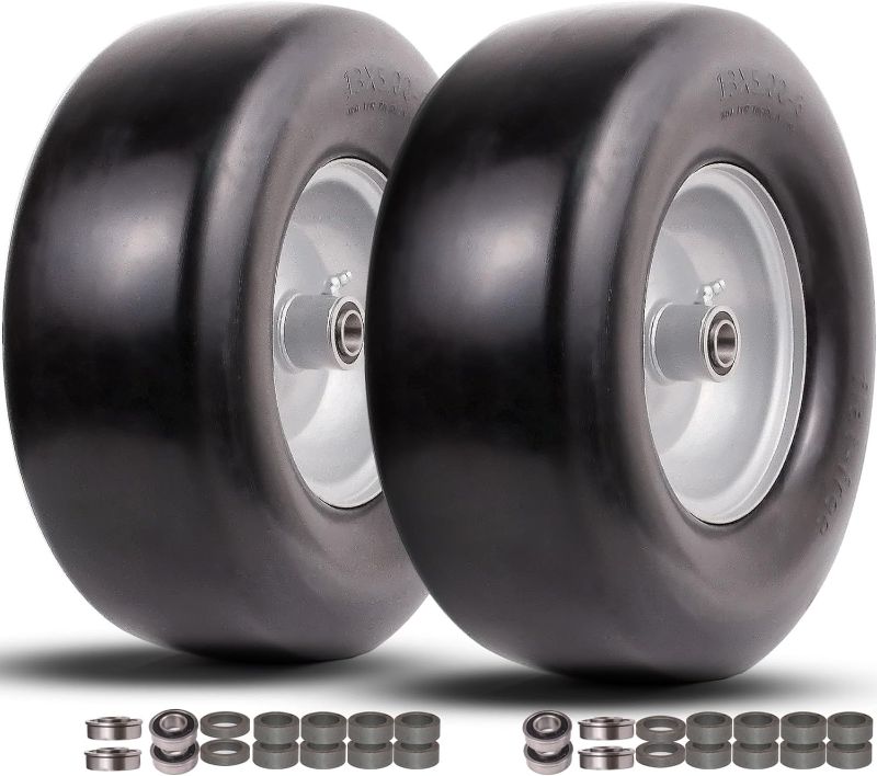 Photo 1 of 13x5.00-6 flat free tire and wheel,Front Zero-Turn Smooth Tire Assembly Replacement for Riding Lawn Mower Garden Tractor,with 3/4" &1/2" & 5/8" Precision bearings,3.25"- 5.9" Center Hub (2 Pack)
