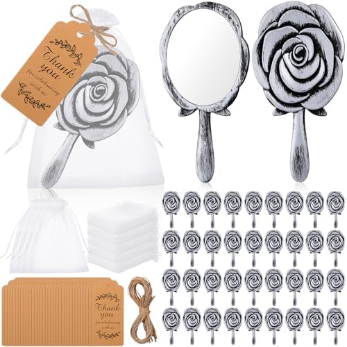 Photo 1 of 36 Set Rose Compact Mirrors Bulk Wedding Party Favors Including Rose Vintage Handheld Mirrors and Thank You Tags with White Organza Bags for Wedding Party Guests Souvenir Gift 