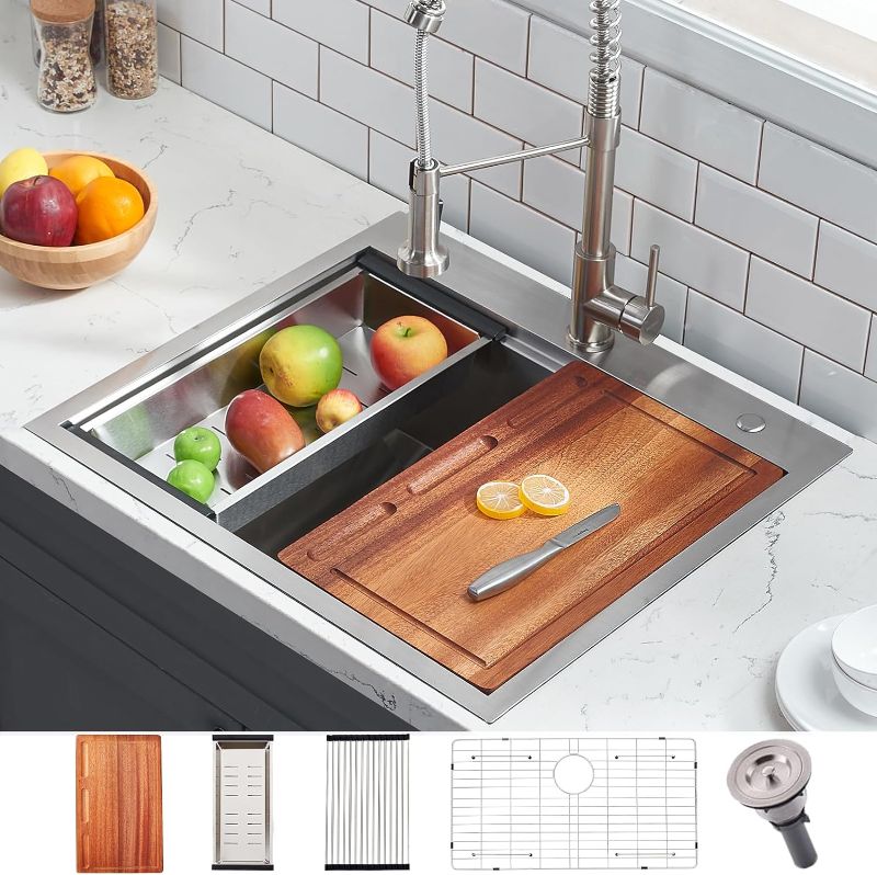 Photo 1 of 25 Inch Drop in kitchen Sink - 25"x22"Topmount Ledge Workstation Kitchen Sink 16 Gauge Handmade Stainless Steel Deep Single Bowl Kitchen Sink with All Accessories for Kitchen Laundry Utility
