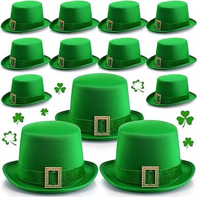 Photo 1 of Kigeli 12 Pack St. Patrick's Day Leprechaun Top Hat Green Leprechaun Velvet Hat with Buckle for Halloween Leprechaun Costume Party Accessories St. Patrick's Day Irish Parade Decorations