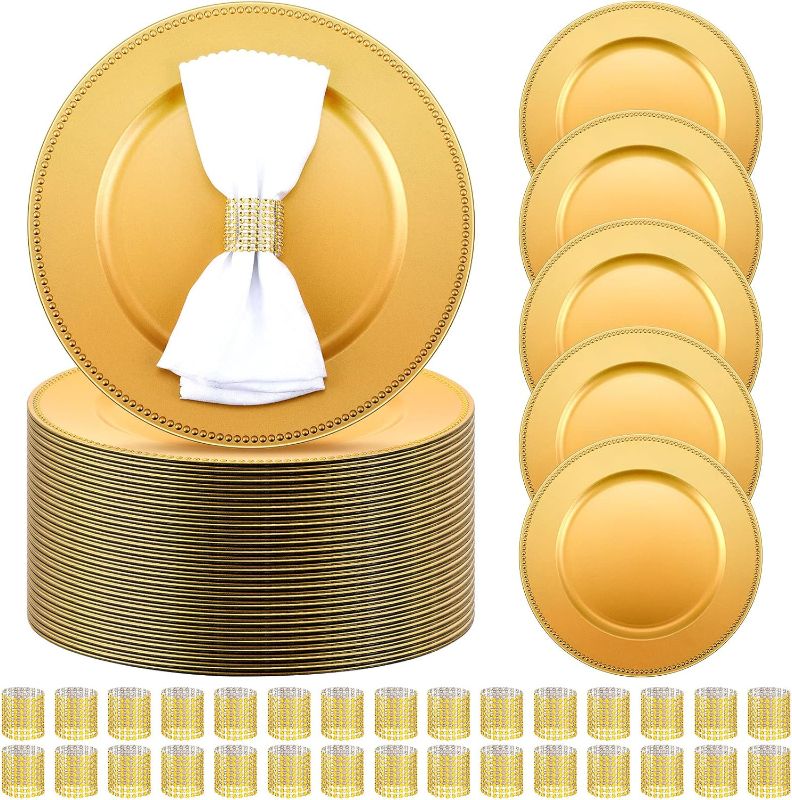Photo 1 of 100 Pcs(50 set) Charger Plates Bulk with Napkin Rings Set Include 50 Plastic Beaded Plate Chargers 50 Napkin Rings 13'' Round Dinner Plate Chargers Set for Table Setting Wedding Party(Gold)
