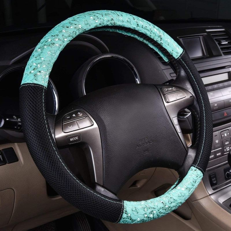 Photo 1 of CAR PASS Lace and Spacer Mesh Steering Wheel Covers,14.5-15 Inch Car Steering Wheel Cover Fit for 95% Sedan,Vans,SUV,Coupe,Cars. Pretty Sequins Cute Women Girls(Mint Lace)
