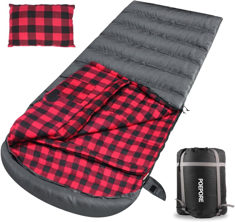 Photo 1 of Flannel Sleeping Bag Cotton 0 Degree Cold Weather for Adults XXL Sleeping Bag 4 Season Big and Tall with Pillow Compression Sack
