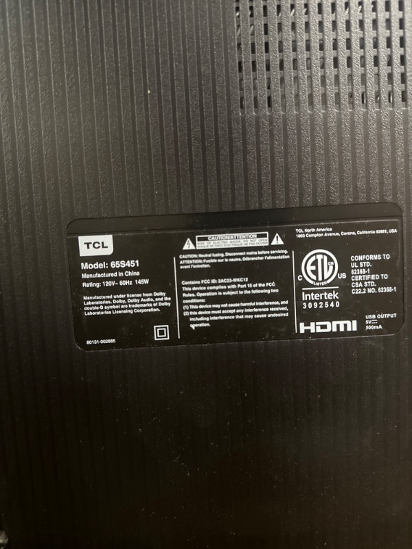 Photo 6 of ****LIGHT CRACKS ON THE TOP RIGHT CORNER OF THE MONITOR
MISSING STAND LEG**** TCL 65" Class 4-Series 4K UHD HDR Smart Roku TV – 65S455 65-inch