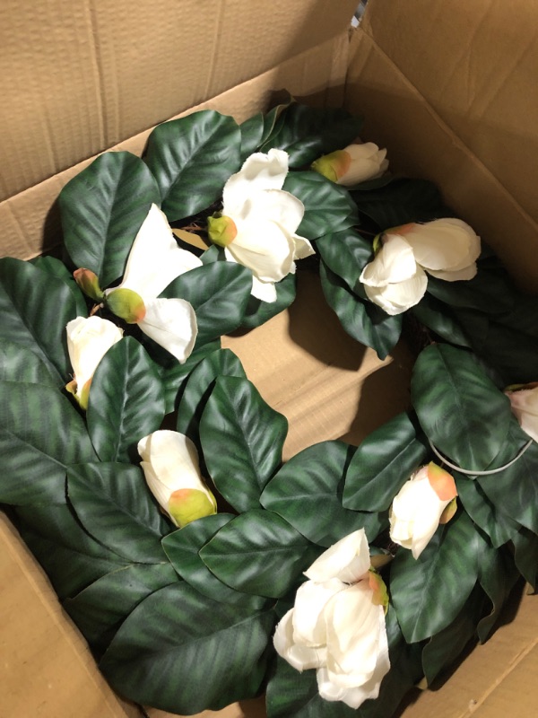 Photo 3 of 24" Artificial Magnolia Floral Spring Wreath with Green Leaves 24" White