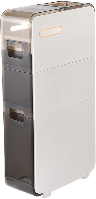 Photo 1 of 3 Tier Bathroom Floor Cabinet, Vertical Storage Unit with Clear Drawers and Casters, Large Capacity Narrow Tall Slim Storage Tower Waterproof Toilet Paper Storage Cabinet for Small Spaces Gaps
