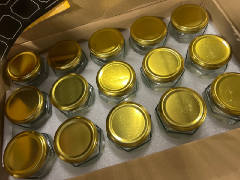 Photo 3 of 30 Pack 6oz Hexagon Glass Jars with Gold Lids, 180ml Clear Glass Canning Jars Honey Jars Spice Jars Mason Jars for Herb, Jams, Shower Favors, Wedding Favors...
