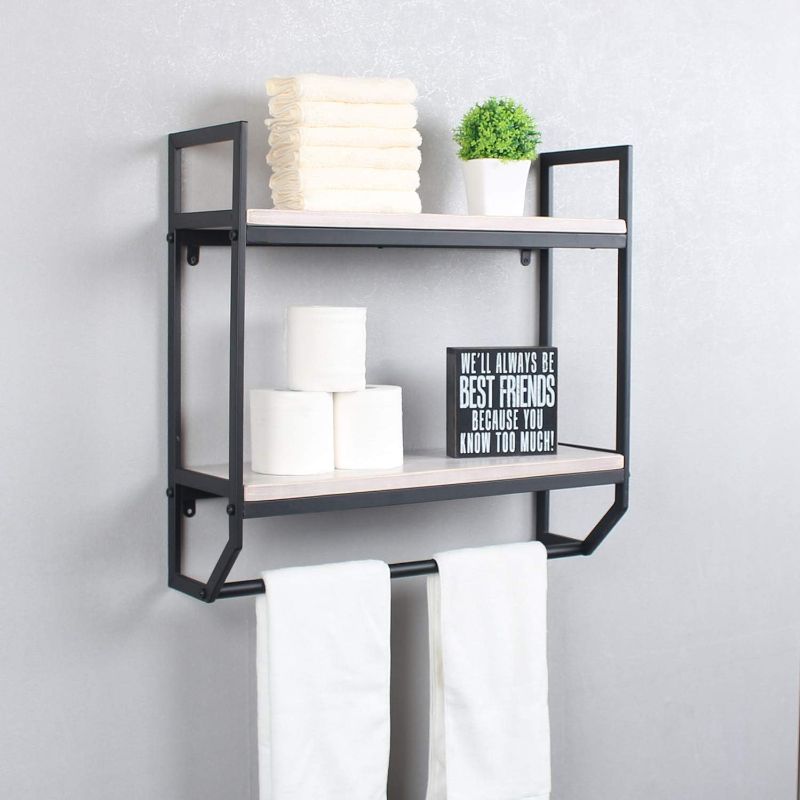 Photo 1 of 2-Tier Metal Industrial 23.6" Bathroom Shelves Wall Mounted,Rustic Wall Shelf Over Toilet,Towel Rack with Towel Bar,Utility Storage Shelf Rack, Floating Shelves Towel Holder,Retro White
