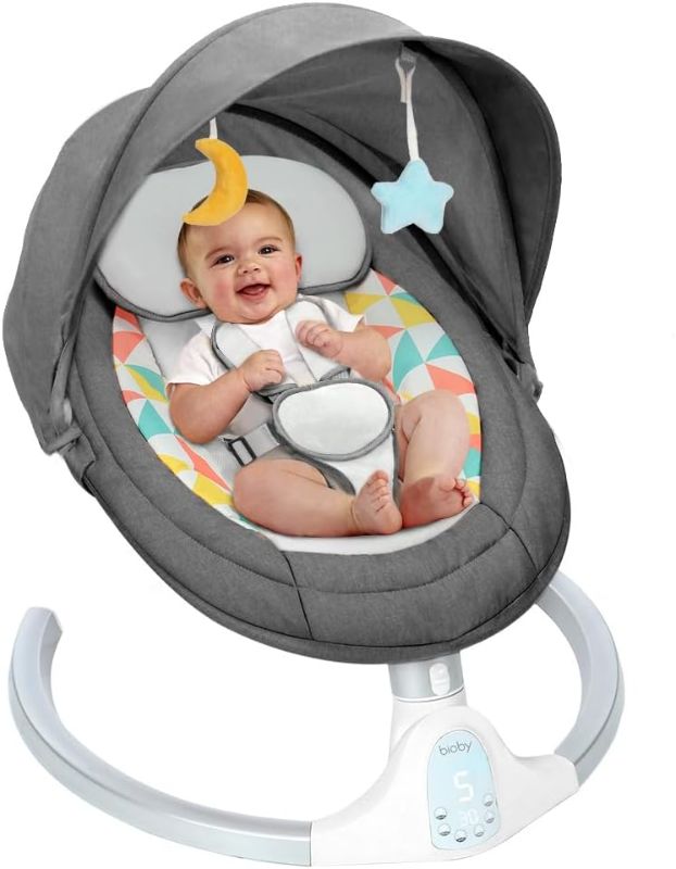 Photo 1 of Bioby Baby Swing for Infants, Portable Baby Bouncer with Bluetooth Music Speaker, 5 Point Harness, 5 Speeds, Touch Screen/Remote Control, Indoor&Outdoor...

