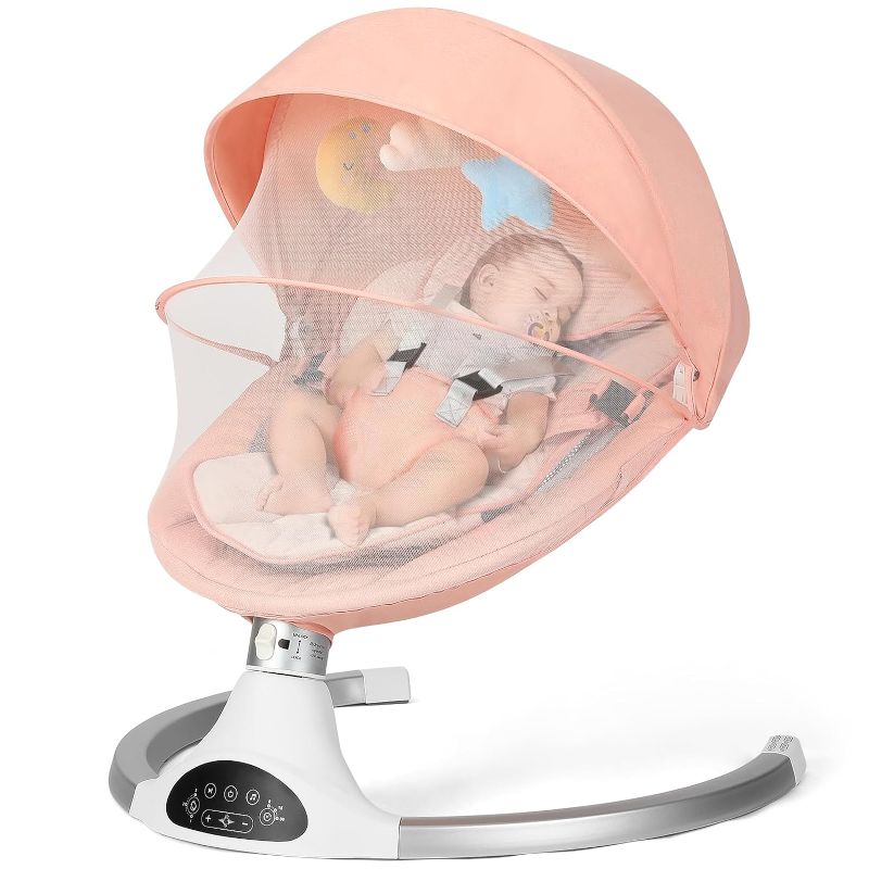 Photo 1 of Baby Swing for Infants, Baby Rocker with 5 Point Harness, Bluetooth Support Baby Swing, 10 Preset Lullabies. 3 Speed Natural Baby Swing, Infant Swing with Remote Control and 3 Hanging Toys, Pink
