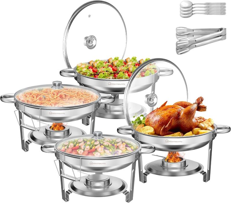 Photo 1 of 5QT Chafing Dish Buffet Set 4 Pack, Round Chafing Dishes for Buffet with Glass Lid & Lid Holder, Serving Utensils, Stainless Steel Chafers for Catering for Dinner, Parties, Wedding, Camping
