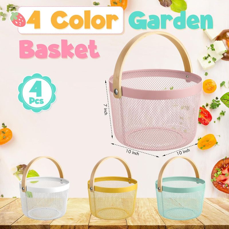 Photo 1 of 4 Pcs Metal Mesh Basket for Storage, Storage Organizer Multi-functional Hanging Harvest Kitchen Wire Baskets with Handle Wood Garden Basket for Gathering Vegetables Bathroom Picnic Shopping
