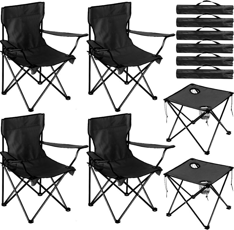 Photo 1 of 6 Pcs Camping Chairs with Table Heavy Duty Folding Chairs for Outside Camping Table Lawn Foldable Chair with Cup Holders Storage Bags Portable Sports Chairs for Adult Outdoor Travel (Black)
