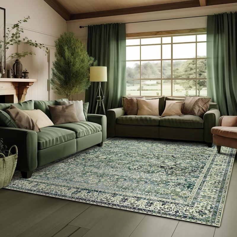 Photo 1 of 9x12 Area Rugs Washable Rug for Living Room Big Bedroom Under Bed,Faux Wool Soft No Slip Floral Boho Vintage Extra Large Carpet for Dining Room Under Table,9 by 12,Emerald Dark Green
