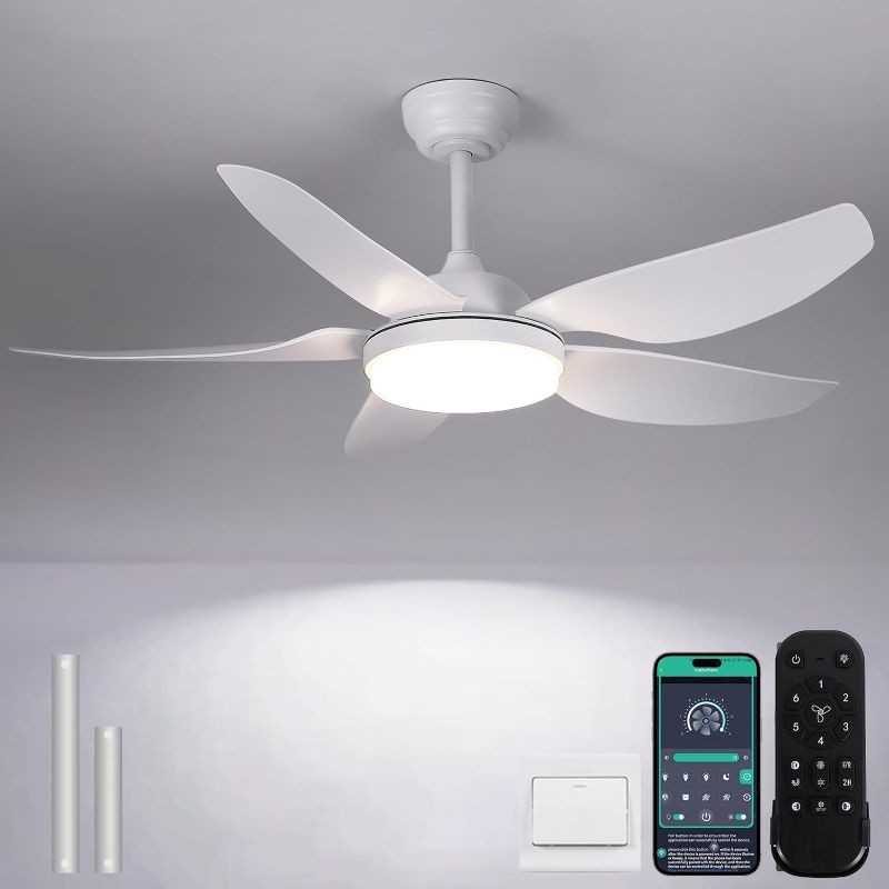 Photo 1 of 46 Inch Ceiling Fans with Lights and Remote/APP Control,Modern 2 Downrods Semi Flush Mount Ceiling Fan with 5 Reversible Blades 6 Speeds, 3 CCT Dimmable for Bedroom Living Room, White
