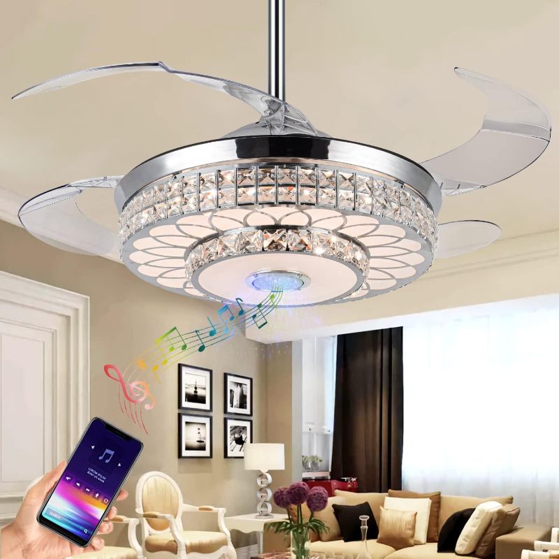 Photo 1 of 42" Retractable Ceiling Fan with Light?Crystal Invisible Fan Light with Bluetooth Music Player Remote and APP Control for Living Room Bedroom Dining Room 3 Timing Options Chrome
