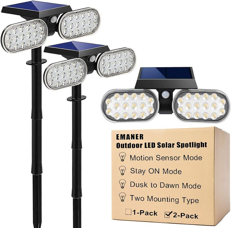 Photo 1 of EMANER Motion Solar Lights Outdoor, Solar Floodlight, Stay On or Motion Sensor Mode, Dusk to Dawn Security Light, Wireless Landscape Spotlights for Garage Fence Driveway Solar Powered, 2-Pack
