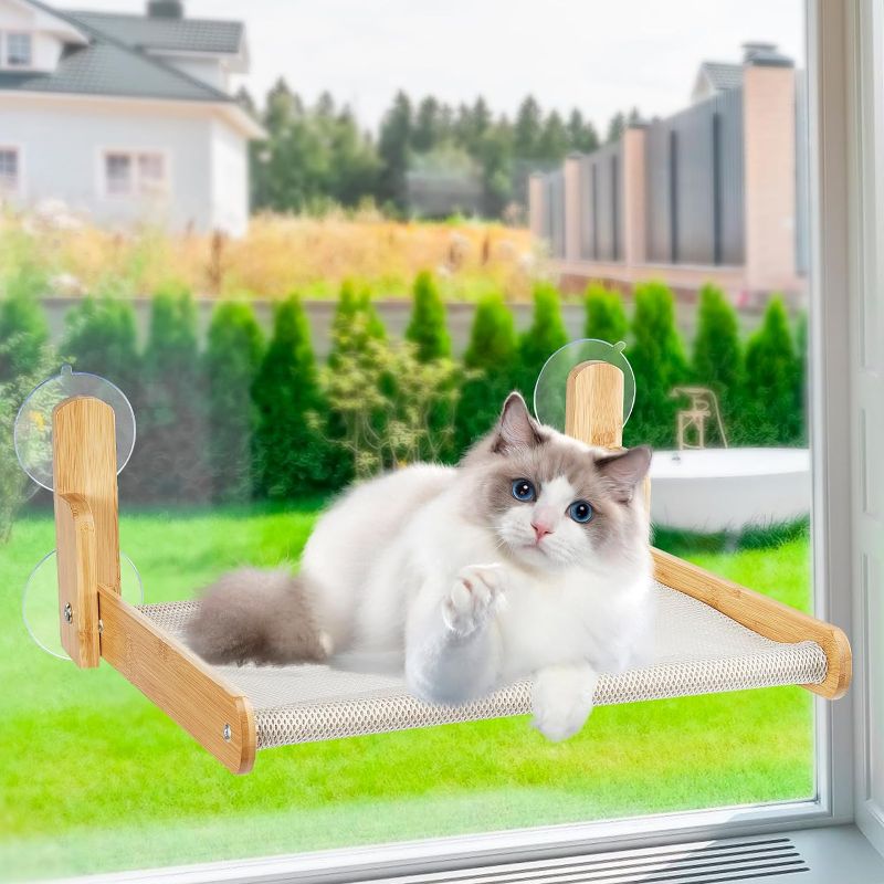 Photo 1 of Cat Window Perch Hammock-seat Furniture-Bed – Natural Wooden cat Window Perch, Cordless and Collapsible. Weight Capacity: Over 60 lbs.
