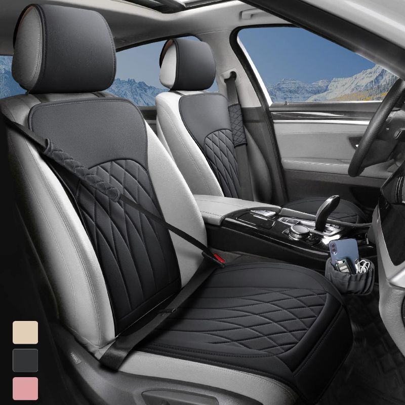 Photo 1 of 2 Pack Leather Front Car Seat Covers, Universal Sideless Car Seat Protectors with Storage Pocket and Seat Belt Pads, Waterproof Automotive Seat Cover for Cars Trucks SUV(Black)
