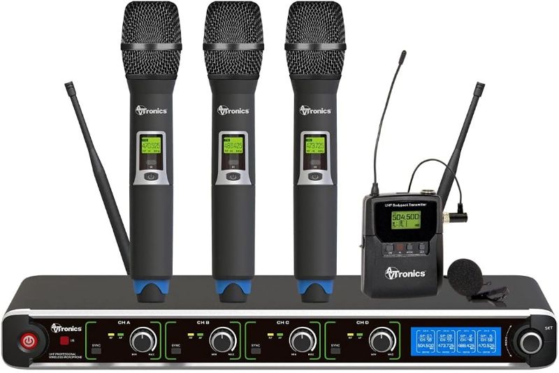 Photo 1 of Professional Wireless Microphone System, 200 Channel UHF 3 Handheld and 1 Belt Pack and Lavalier, Mic System for Speech, Singing, Events, Church, Karaoke, DJ, Party, and classrooms. Black
